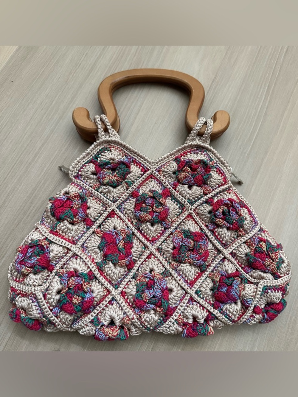 Ricardo Beverly Hills Handbag Woven With Wood Handles Lined Top Zip Floral RARE